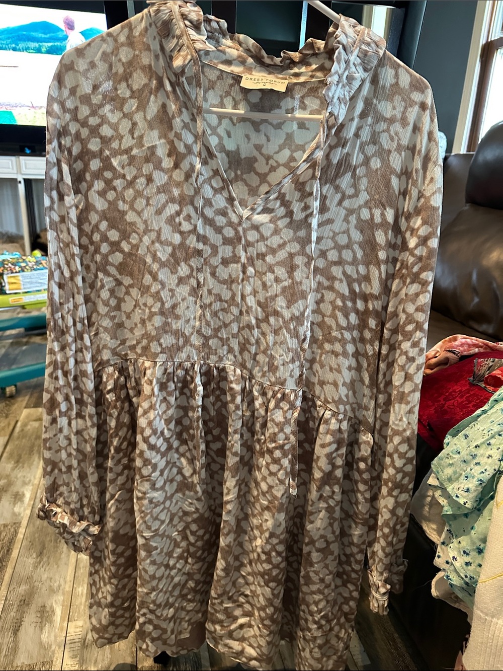 Dress Forum Taupe and Cream Printed Long-Sleeve Peplum Dress with V-Neck Tie